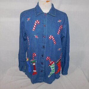 Christmas Candy Cane Stocking Chambray LS Shirt Austin Clothing Co Womens M